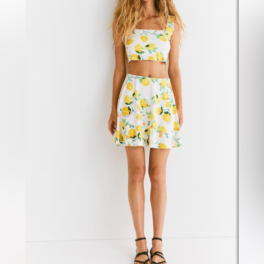 H&M Cream and Yellow Skater Mini Skirt and Crop Top